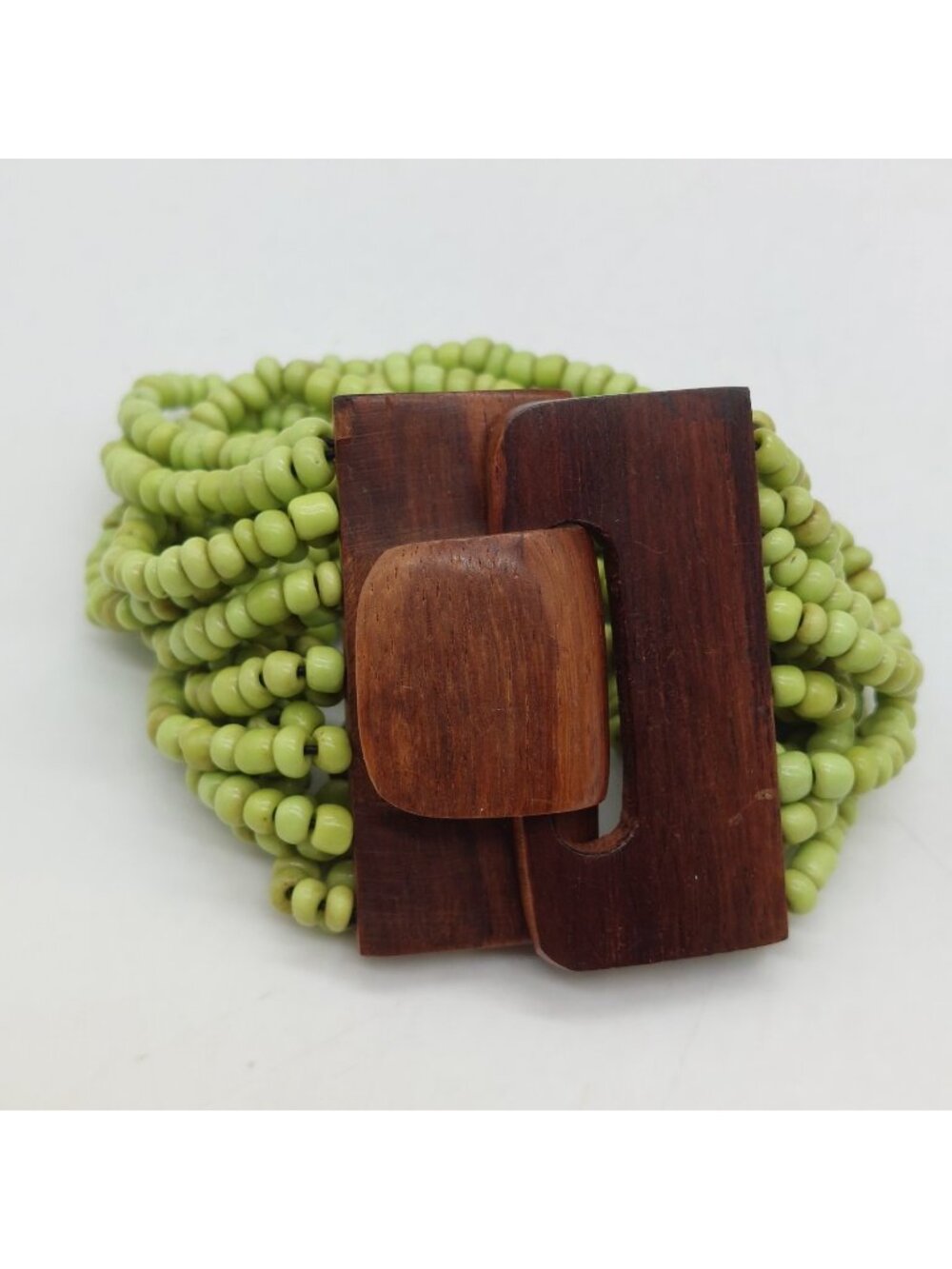 Green Plastic Beaded Stretch Wooden Buckle Cuff Bracelet
